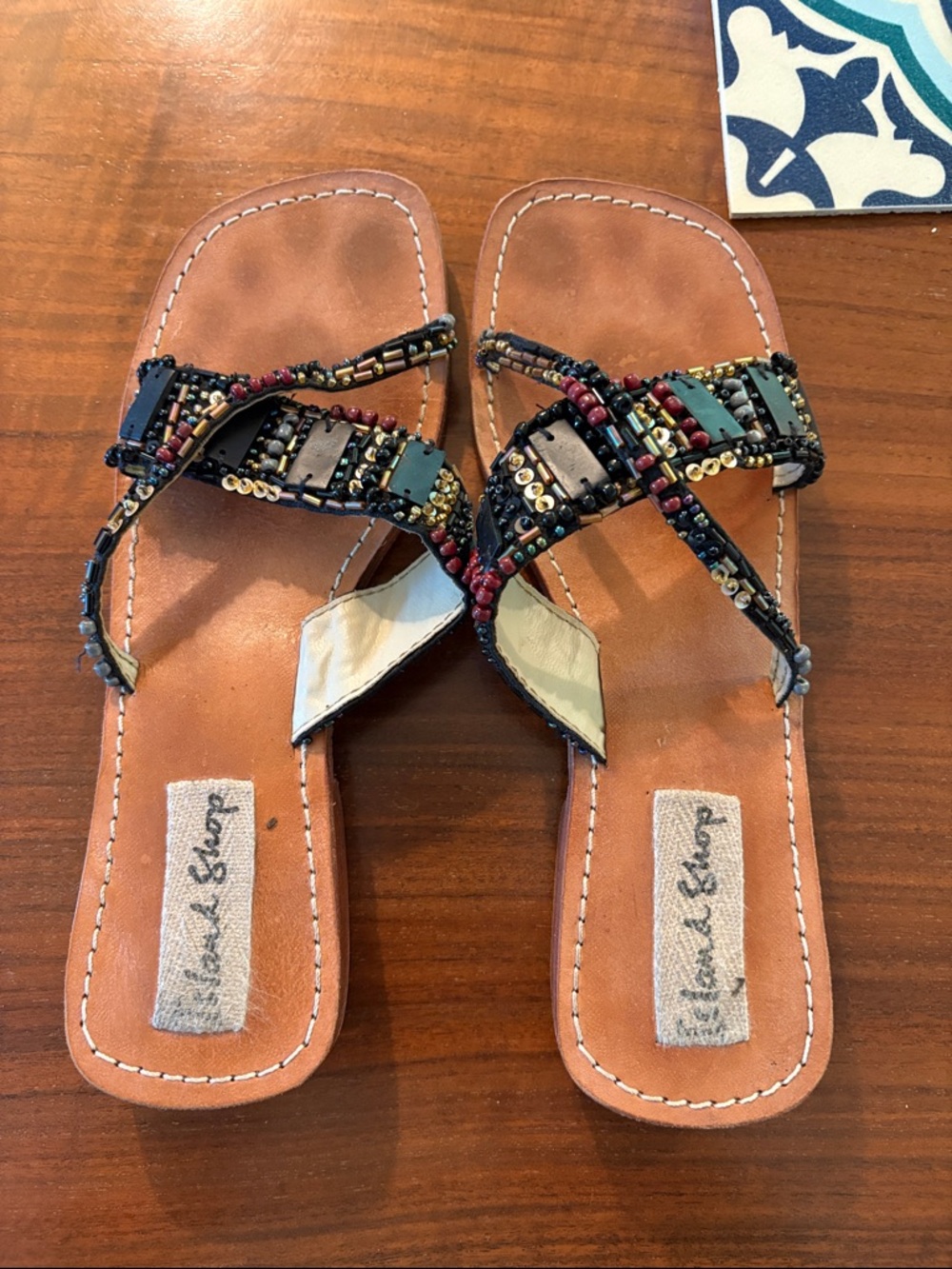 Embellished Beaded Tan Leather Thong Sandals - Brand: Island Shop